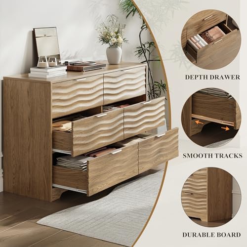 MALOL Coastline Fluted 6 Drawers Dresser for Bedroom, 48" Wide Modern Chest of TV Stand Organizers with Metal Handle, Storage Wooden Dresser Drawer for Living Room, Hallway, Closet, Walnut Wood - Image 5