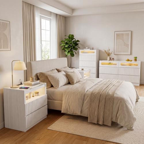 Modern Nightstand with Charging Station,Fluted 2 Drawers,White Oak Finish - Image 3