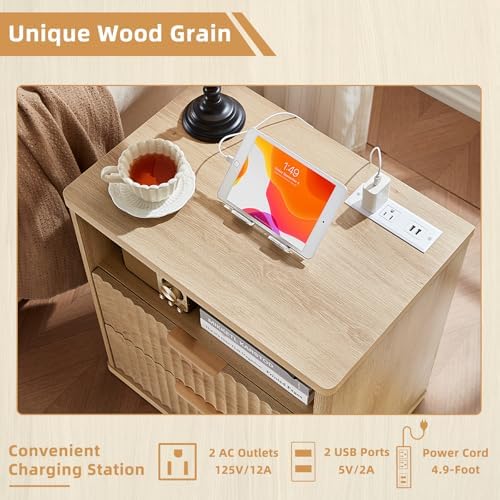 LEYAOYAO Fluted Nightstand with Charging Station, 23" Modern Night Stand with Woodgrain Top, 2 Drawers End Table w/Storage, Bedside Tables for Bedroom, Living Room, Curved Profile Design,Wood - Image 6