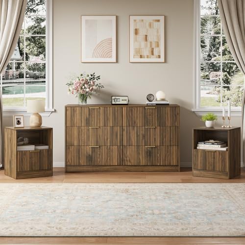 6 Drawer Dresser & 1-Drawer Nightstand Set 3-Piece, Walnut丨55 Wide Bedroom Set Night Stand Set of 2 with Metal Handle, Fluted Wood Chest of Drawers Storage Dressers Set for Bedroom by NOVAMAISON
