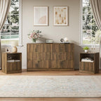 6 Drawer Dresser & 1-Drawer Nightstand Set 3-Piece, Walnut丨55 Wide Bedroom Set Night Stand Set of 2 with Metal Handle, Fluted Wood Chest of Drawers Storage Dressers Set for Bedroom by NOVAMAISON