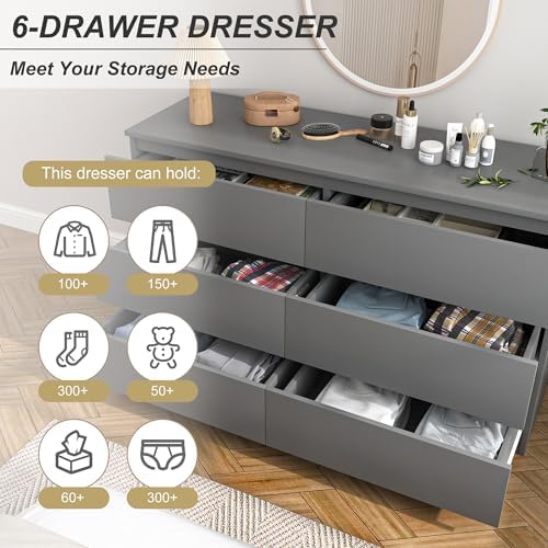 Spaco Grey Dresser for Bedroom,Modern 6 Drawer Dresser with Deep Drawer,Wide Storage Chest of Drawers,Bedroom Storage Organizer Furniture,TV Stand for Living Room - Image 5