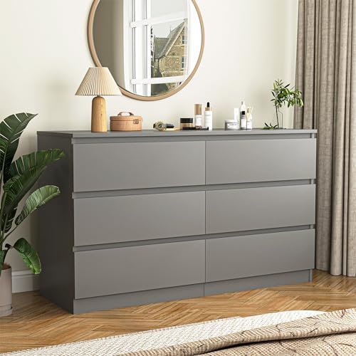Vibe & Dine 6 Drawer Double Dresser, Modern Chest of Drawers with Wide Storage for Closet, Bedroom, Living Room (Grey) - Image 4