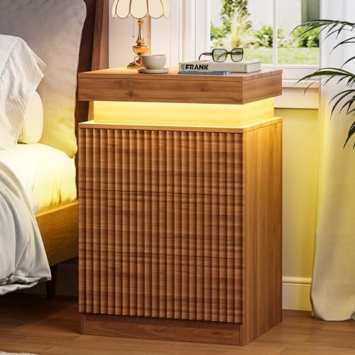 Fluted LED Night Stand with Charging Station, Walnut by yesasin