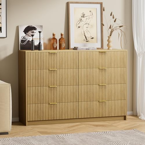 Furniway Mid Century Modern Dresser for Bedroom, 8 Drawer Wood Dresser with Fluted Front, 55" Wide Chest of Drawers for Closet, Living Room, Hallway, Natural Oak - Image 7