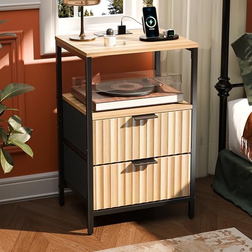 VINGLI Night Stand with Charging Station and Fabric Drawers, Fluted Nightstand Oak with 2 Drawers, Bed Side Table/End Table for Bedroom, 14.96" W*11.81" D*23.78" H by VINGLI