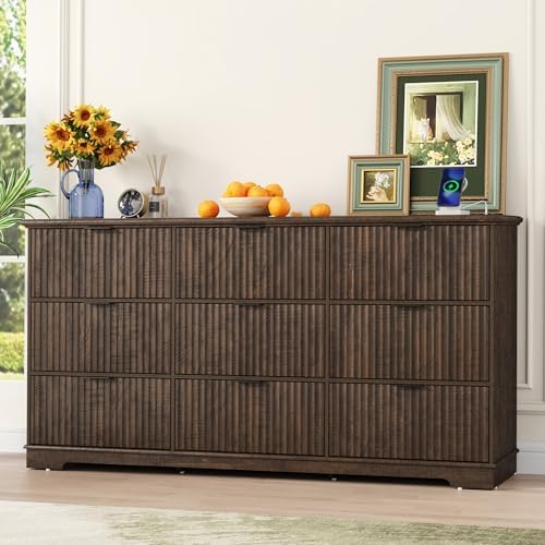 Squireewo Fluted 9 Drawers Dresser for Bedroom, 63" Wide Modern Chest of Drawers with Power Outlet and Deep Drawers, Large Dresser TV Stand for Living Room, Hallway, Kids Room, Brown by Squireewo