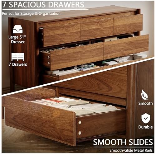 HOUROM Walnut Dresser for Bedroom,51"Wide 7 Drawer Mid Century Modern Chest - Image 4