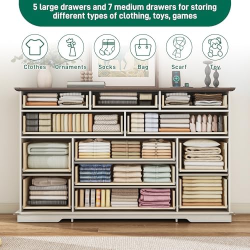 jiteentarou Tall Farmhouse 12 Drawer Dresser for Bedroom,63” Wood Dresser & Chest of Drawers with Power Outlets,Large & Wide Dressers for Bedroom,Tall Storage Dresser Organizer(White) - Image 6