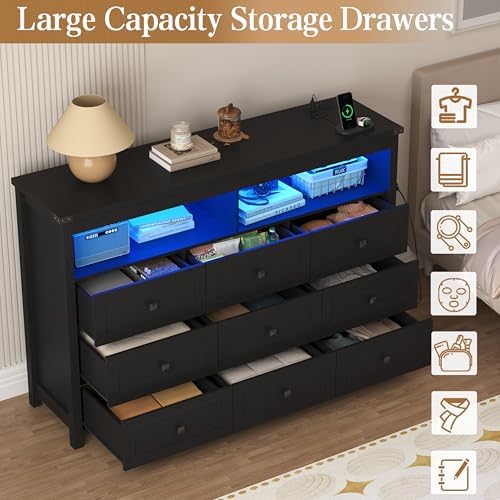 Wodeer 9 Drawer Dresser for Bedroom with LED Lights, Charging Station, Wood Chest of Drawers with Metal Handles, Modern TV Stand & Storage Organizer for Living Room, Hallway, Black - Image 6