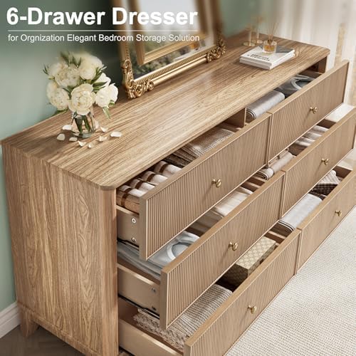 INNOD Fluted 6 Drawers Dresser, 54" Wide Modern Chest of Drawers with Round Corners, Wooden Dresser TV Stand, Wood Drawer Organizer for Bedroom, Living Room, Hallway - Image 5