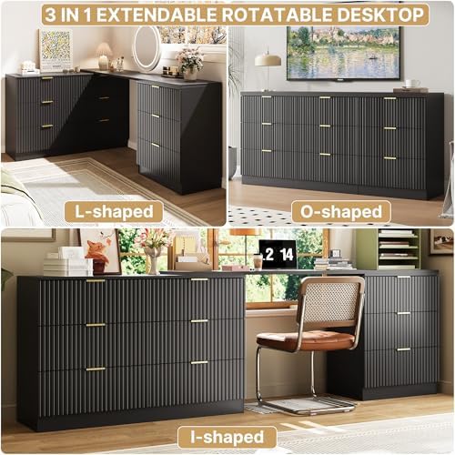 MAISONARIA L-Shaped Rotatable 9 Drawer Dresser for Bedroom, 71" Wide Deformable Black Dresser with Gold Metal Handles, Modern Fluted Chest of Drawers for Bedroom, Living Room, Entryway, Hallway - Image 4