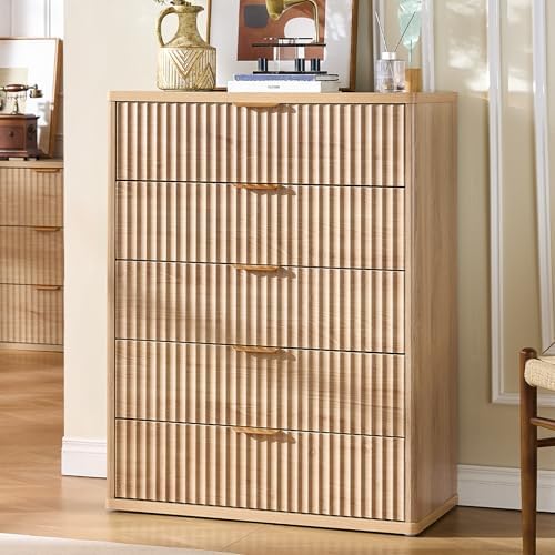 LEYAOYAO Fluted 5 Drawers Dresser for Bedroom, 41" Tall Modern Chest of Drawers with Metal Handle, Curved Profile Design,Natural Wood Drawer Organizer for Bedroom, Living Room, Hallway, Entryway by LEYAOYAO-Findtheshiningpointofyourideallife%EF%BC%81