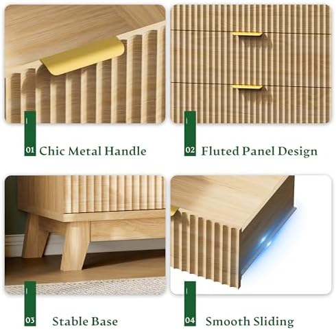 Xixini Fluted Nightstand with Charging Station, Tall Bedside Table, Oak - Image 6