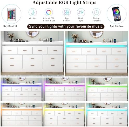 Hlivelood 10 Drawer Dresser with LED Light and Charging Station, Modern Chest of Drawers for Closet, Wide Drawer Organizer Cabinet for, Living Room, Entryway, Hallway, White - Image 5