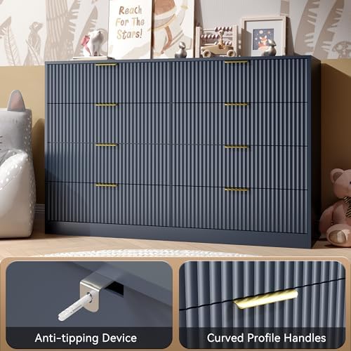 Blue Fluted Dresser Bedroom with 8 Drawer,55” Wide White Double Drawer Dresser Modern Chest of Drawers with Gold Handles,Wood TV Stand for Bedroom,Living Room (Blue, 8 Drawer Dresser) - Image 5