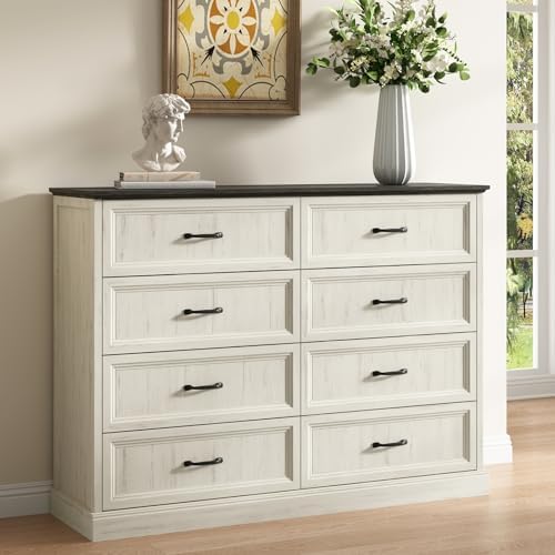 Farmhouse 8 Drawer Dresser for Bedroom, 55" White Dresser with TV Stand by CARPETNAL