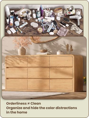 Modern 63" Wide 9 Drawers Dresser with Curved Profile Design,Oak - Image 5