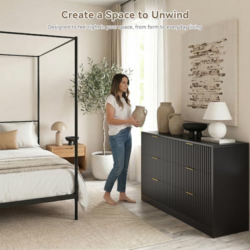 Black 6 Drawer Dresser for Bedroom, 55" Wide Fluted Chest of Drawers with Gold Metal Handles, Wood Dresser Storage Organizer Mid Century TV Stand for Living Room Closet Hallway - Image 4