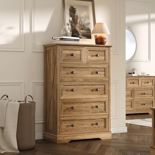 Farmhouse 6 Drawers Dresser Chests for Bedroom, Natural Oak Wood Dressers by FFBCFDKFurnitureSet