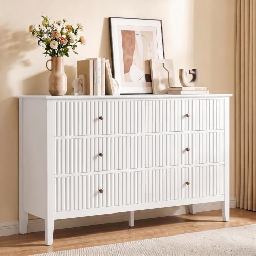 RoyalCraft White 6 Drawer Dresser for Bedroom, Fluted Painted Wood Chest of Drawers, Modern TV Stand Storage Cabinet for Living Room, Entryway, 47" W x 16" D x 32" H by Bringyoubetterlife