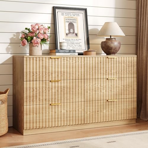 47.2" Wide Fluted 6 Drawer Dresser for Bedroom, Natural by NDOHCUO