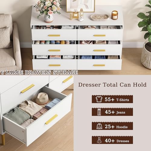 White 6 Drawer Dresser for Bedroom, 47" Wood Dresser with Gold Handles. - Image 5