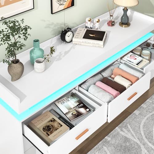 Hlivelood 9 Drawer Dresser with LED Light and Charging Station, Modern Chest of Drawers for Closet, Wide Drawer Organizer Cabinet for Bedroom, Living Room, Entryway, Hallway(9 Drawer White) - Image 5