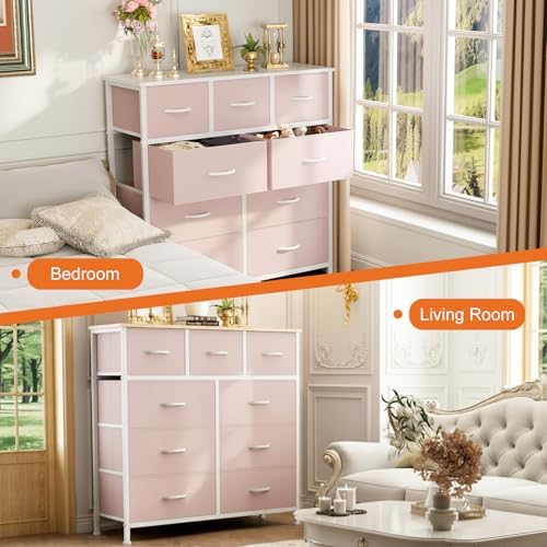 Sweetcrispy 9 Drawer Fabric Dresser Storage Tower Drawer Organizer, Pink - Image 4
