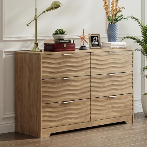 MALOL Coastline Fluted 6 Drawers Dresser for Bedroom, 48" Wide Modern Chest of TV Stand Organizers with Metal Handle, Storage Wooden Dresser Drawer for Living Room, Hallway, Closet, Walnut Wood - Image 3
