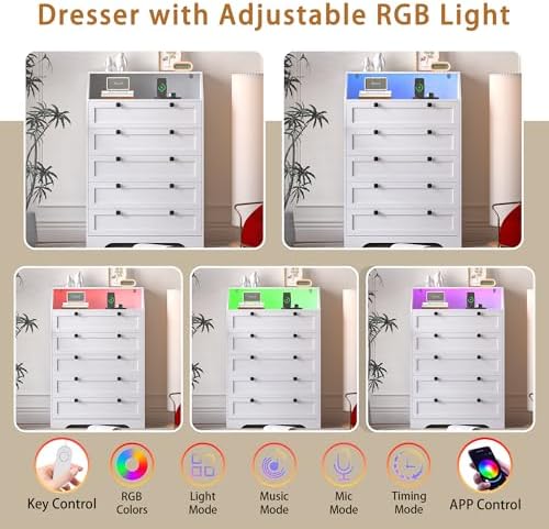Wodeer White Dresser Tall 5 Drawer Dresser for Bedroom, Wood Chest of Drawers with LED Lights, Charging Station, Metal Handles, Modern Storage Cabinet and Organizer Drawers for Living Room, Hallway - Image 5