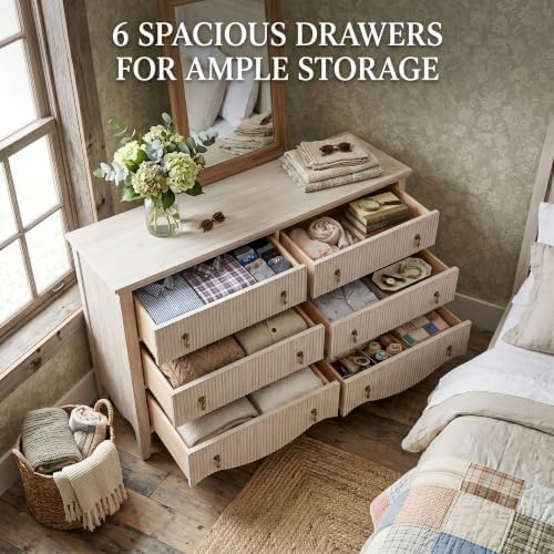 6-Drawer Fluted Dresser, 52" Wide Double Chest of Drawers,Nature Oak - Image 4