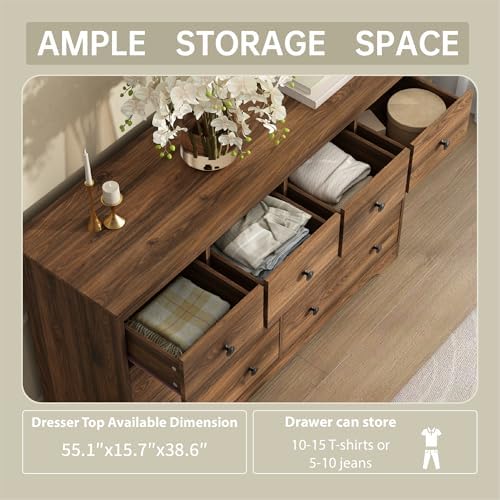 55 Inch Wide Dresser for Bedroom, 10 Drawer Dresser with Large Drawers, Thickened Top, Wood Chest for Living Room, Hallway, Walnut - Image 3