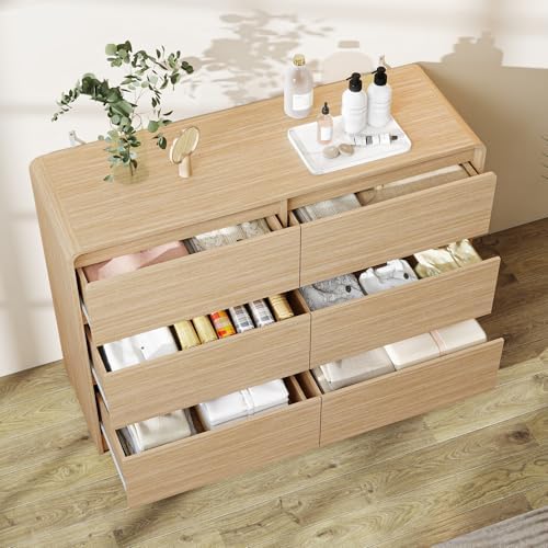 Vibe & Dine 6 Drawer Dresser, Modern Wooden Dressers & Chests of Drawers with Arc Edge Design, 47" Wide Dresser for Closet, Entryway, Bedroom, Natural Wood - Image 3