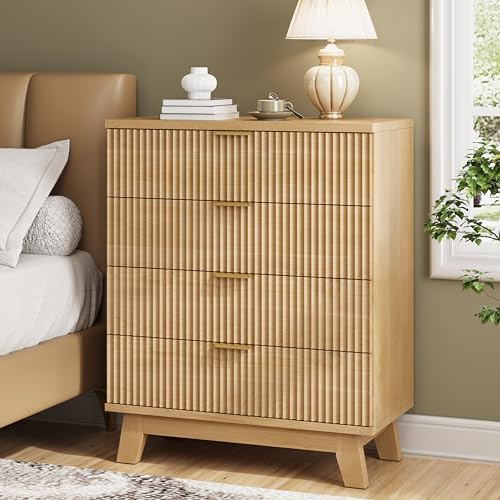 Xixini Fluted Nightstand with 4 Drawers, 31.5" Wide Side Table, Natural Oak by Xixini