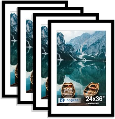 Hongkee 24x36 Poster Frame Set of 4, 24 x 36 Black Wood Style(Mat 20x30) by Hongkee