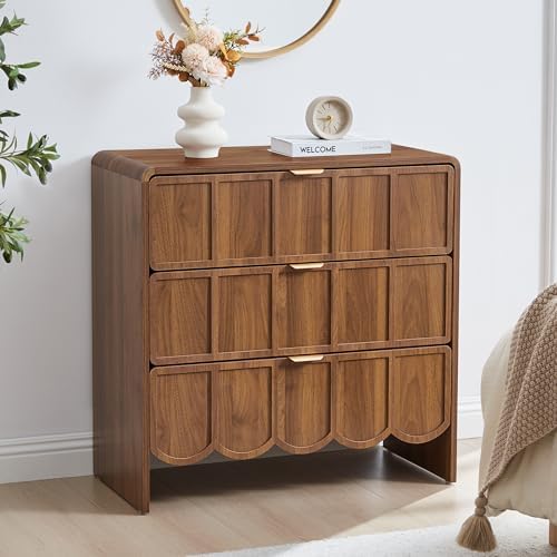 ORRD 3 Drawer Dresser for Bedroom Set of 2, Modern Closet Chest of Drawers with Wave Fluted Drawer, Wood Storage Small Dresser Organizer for Nursery Bedroom Living Room Hallway Closet (Walnut) - Image 6