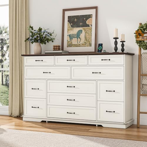 jiteentarou Tall Farmhouse 12 Drawer Dresser for Bedroom,63” Wood Dresser & Chest of Drawers with Power Outlets,Large & Wide Dressers for Bedroom,Tall Storage Dresser Organizer(White) - Image 3