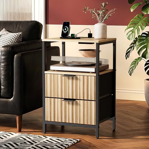 VINGLI Nightstands Set of 2 with Fabric Drawers, Fluted Nightstand with Charging Station, Oak Night Stand Set 2, Bed Side Tables with Drawers Fabric, End Tales Bedroom with Charger Station - Image 3