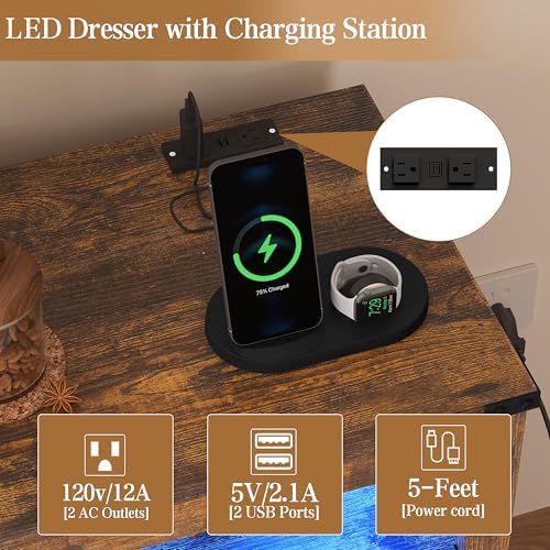 Wodeer Brown Dresser 6 Drawer Dressers for Bedroom with LED Lights, Charging Station, Wood Chest of Drawers with Metal Handles, Modern TV Stand Storage Cabinet for Living Room, Hallway, Entryway - Image 4