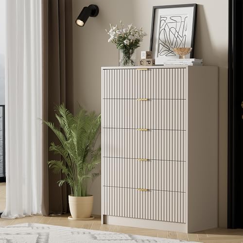 Furniway Beige Dresser for Bedroom, Modern Dresser with 5 Drawers and Smooth Slides, Wide Chest of Drawers with Golden Handles for Bedroom, Living Room, Closet, 15.7" D x 31.5" W x 47.2" H - Image 7