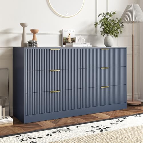 6 Drawer Fluted Dresser for the Bedroom, 55" Wide Wooden Dresser with Deep Drawers, Large Floor Chest of Drawers, Modern Long TV Stand, Storage Cabinet for Livingroom, Hallway, Blue by Provideyouwithbestproduct%EF%BC%81