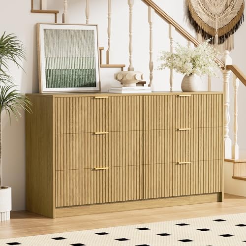 Furniway Mid Century Modern Dresser for Bedroom, 6 Drawer Wood Dresser with Fluted Front, 55.1" Wide Chest of Drawers for Living Room, Hallway, Natural Oak by Furniway