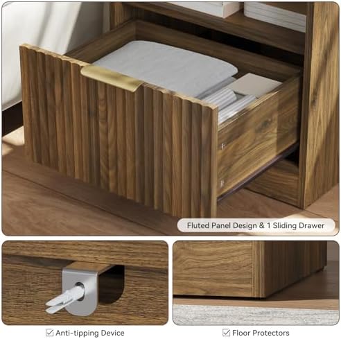 6 Drawer Dresser & 1-Drawer Nightstand Set 3-Piece, Walnut丨55 Wide Bedroom Set Night Stand Set of 2 with Metal Handle, Fluted Wood Chest of Drawers Storage Dressers Set for Bedroom - Image 5