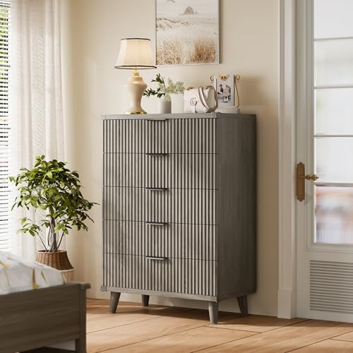 Wood Tall 5 Drawers Dresser, 27.6" W Fluted Modern Dressers for Bedroom by Lulive