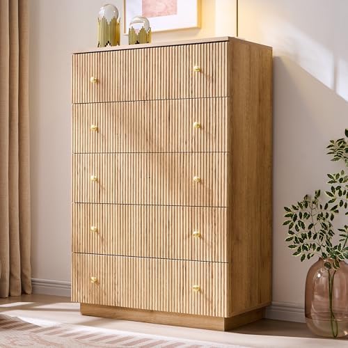 Fluted 5 Drawers Dresser for Bedroom, 45" Tall Modern Dressers & Chest of Drawers with Metal Handle, Wood Closet Clothes Storage Organizer,Storage Dressers Organizer for Hally/Living Room, Natural by AITJUNZ