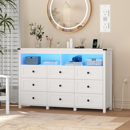Wodeer 9 Drawer Dresser for Bedroom with LED Lights, Charging Station, Wood Chest of Drawers with Metal Handles, Modern TV Stand & Storage Organizer for Bedroom, Hallway, White by WODEER