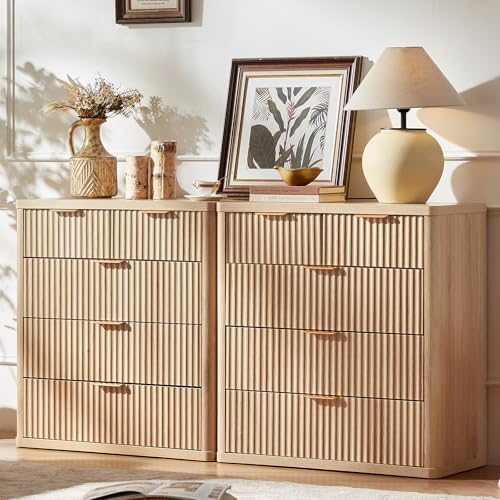 LEYAOYAO Fluted 5 Drawers Dresser for Bedroom Set of 2, 34" Tall Modern Chest of Drawers with Metal Handle, Curved Profile Design,Natural Wood Drawer Organizer for Bedroom,Living Room,Hallway,Natural by LEYAOYAO-Findtheshiningpointofyourideallife%EF%BC%81