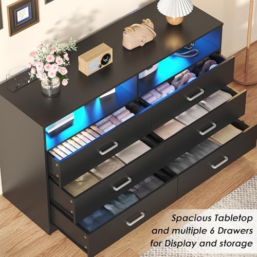 Bigbiglife Dresser for Bedroom, 6 Drawer Dresser with Charging Station and Led Light, Modern Chest of Drawers for Bedroom, Living Room,Black - Image 6