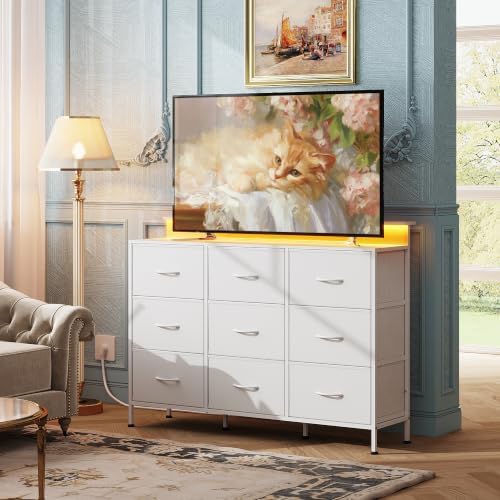 WLIVE White Dresser TV Stand 9 Drawers, Fabric Chest of Drawers LED Lights - Image 2